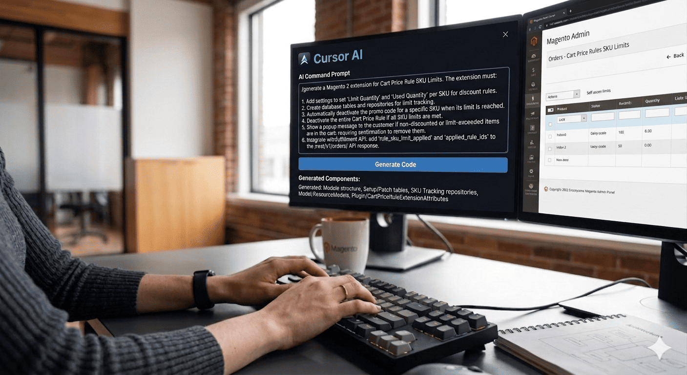 A person is sitting in front of the computer monitor and doing coding with the help of Cursor AI
