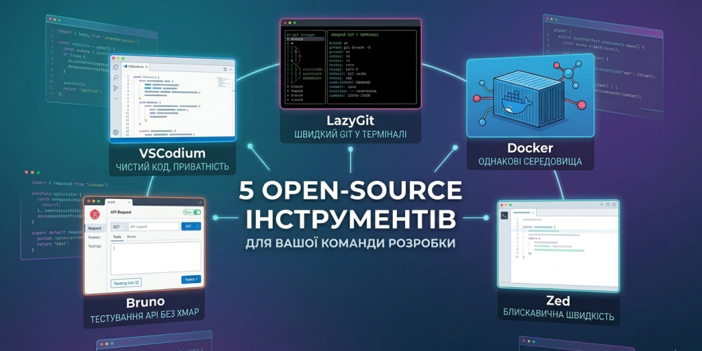 Інфографіка горизонтального формату з написом «5 open-source інструментів для вашої команди розробки» по центру на темно-синьому абстрактному тлі з елементами коду. Навколо тексту розташовані п'ять вікон із логотипами та підписами реальних інструментів: VSCodium (чистий код, приватність), LazyGit (швидкий Git у терміналі), Docker (однакові середовища), Bruno (тестування API без хмар) та Zed (блискавична швидкість).