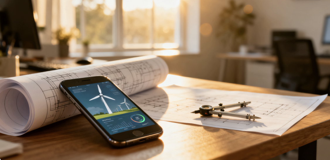 Мобільний калькулятор вітрогенератора від Skynix на екрані смартфона, що лежить на робочому столі інженера поруч із кресленнями для розрахунку потужності вітряка.